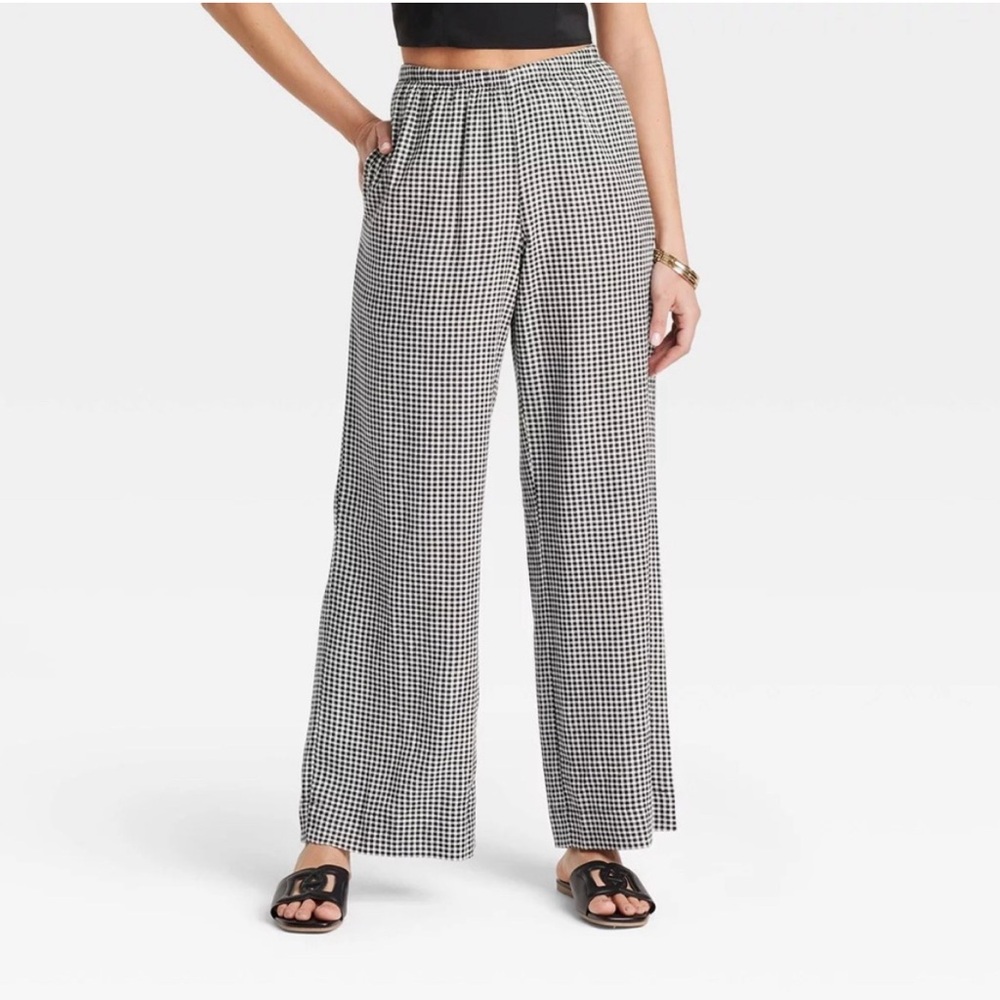 A New Day Women's Mid-Rise Wide Leg Linen Pull-On Pants Black Gingham M